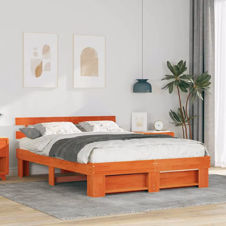 Struttura del letto moderna vidaXL in pino massello marrone cerato L/P/H: 150 x 200 x 73 cm