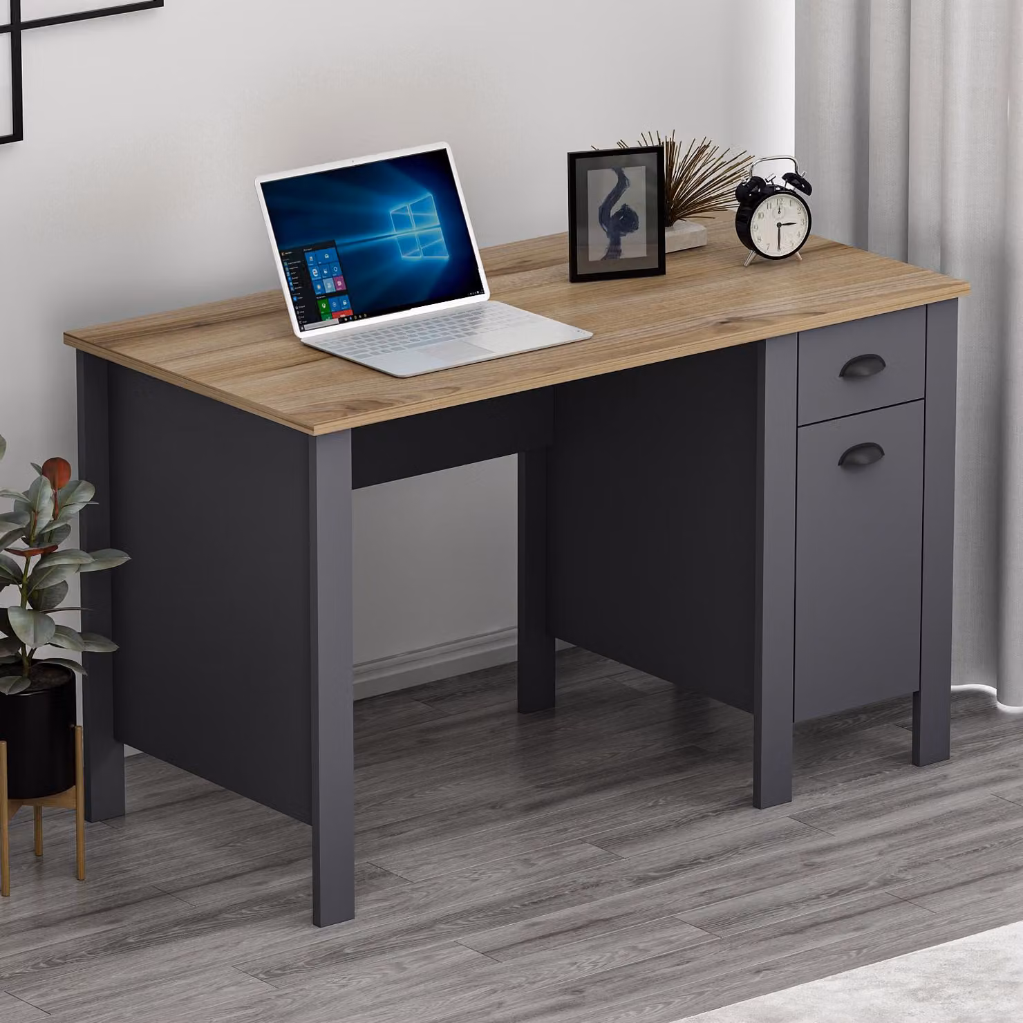 HOMIDEA TEDDY Scrivania - Scrivania per computer - Postazione di lavoro con cassetto e spazio contenitivo con ante dal design moderno per l'ufficio domestico o la camera dei bambini (Antrachite/Briarsmoke)