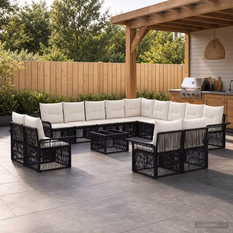 vidaXL Set Divano da Giardino 14 pz Moderno a Forma di U in Polyrattan con Tavolino e Cuscini, Nero e Bianco Crema