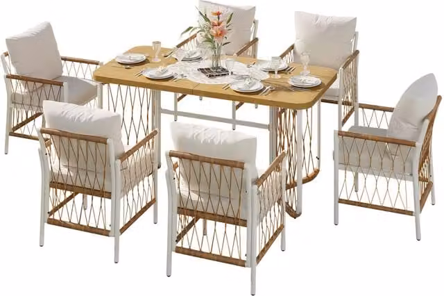 Set da giardino moderno GL Store composto da 7 pezzi con tavolo rettangolare e 6 sedie in polyrattan, struttura in metallo bianco opaco, colori beige e marrone – 1