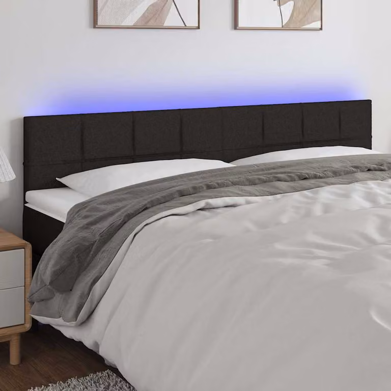 Testiera per letto vidaXL in tessuto nero con illuminazione LED e porta di ricarica USB, L: 200 cm, P: 5 cm, H: 78-88 cm
