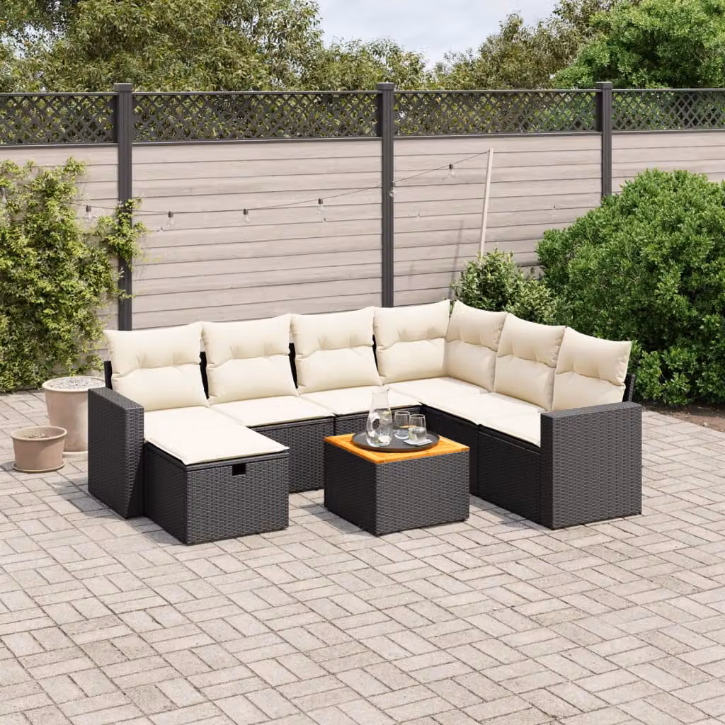 Set di divani da giardino vidaXL a forma di L con 8 pezzi, colore nero e bianco, in polyrattan con cuscini inclusi e struttura in acciaio verniciato a polvere – 1