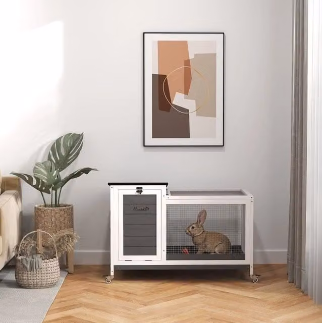 Conigliera in Legno con Spazio di Corrida, Tetto Richiudibile e Ruote, 92x52x67 cm, Grigio Scuro