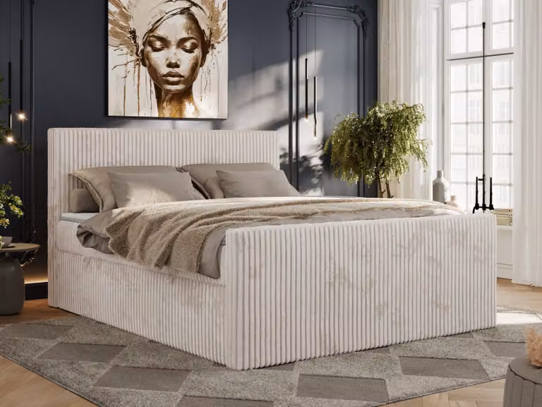 Letto continentale con contenitore per biancheria da letto TILIANO DUO 140x200 Hard H4 - Topper T25, Beige - Tessuto a coste