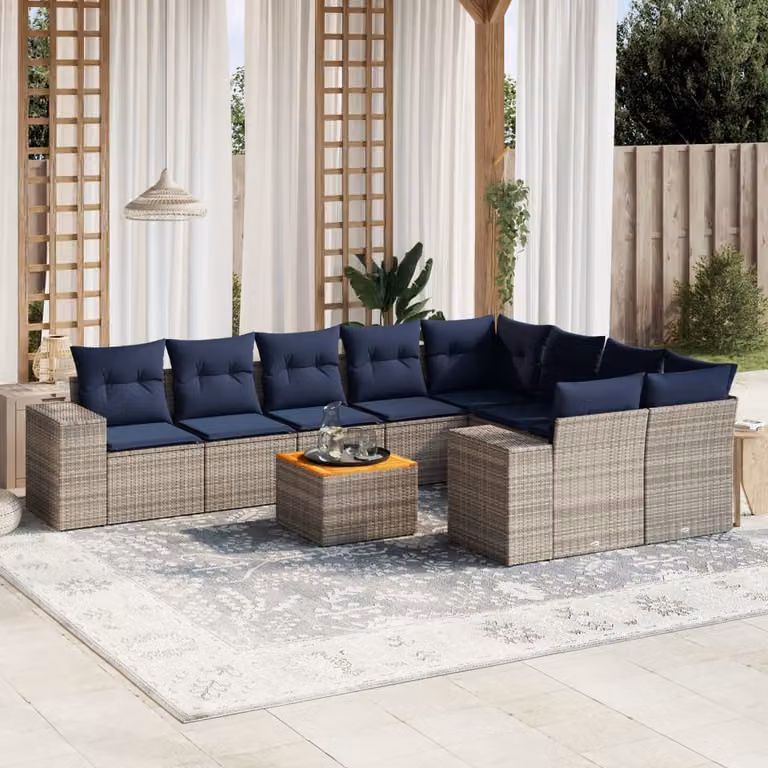 Set di divani da giardino vidaXL in polyrattan grigio con cuscini e tavolino da esterno a forma di L