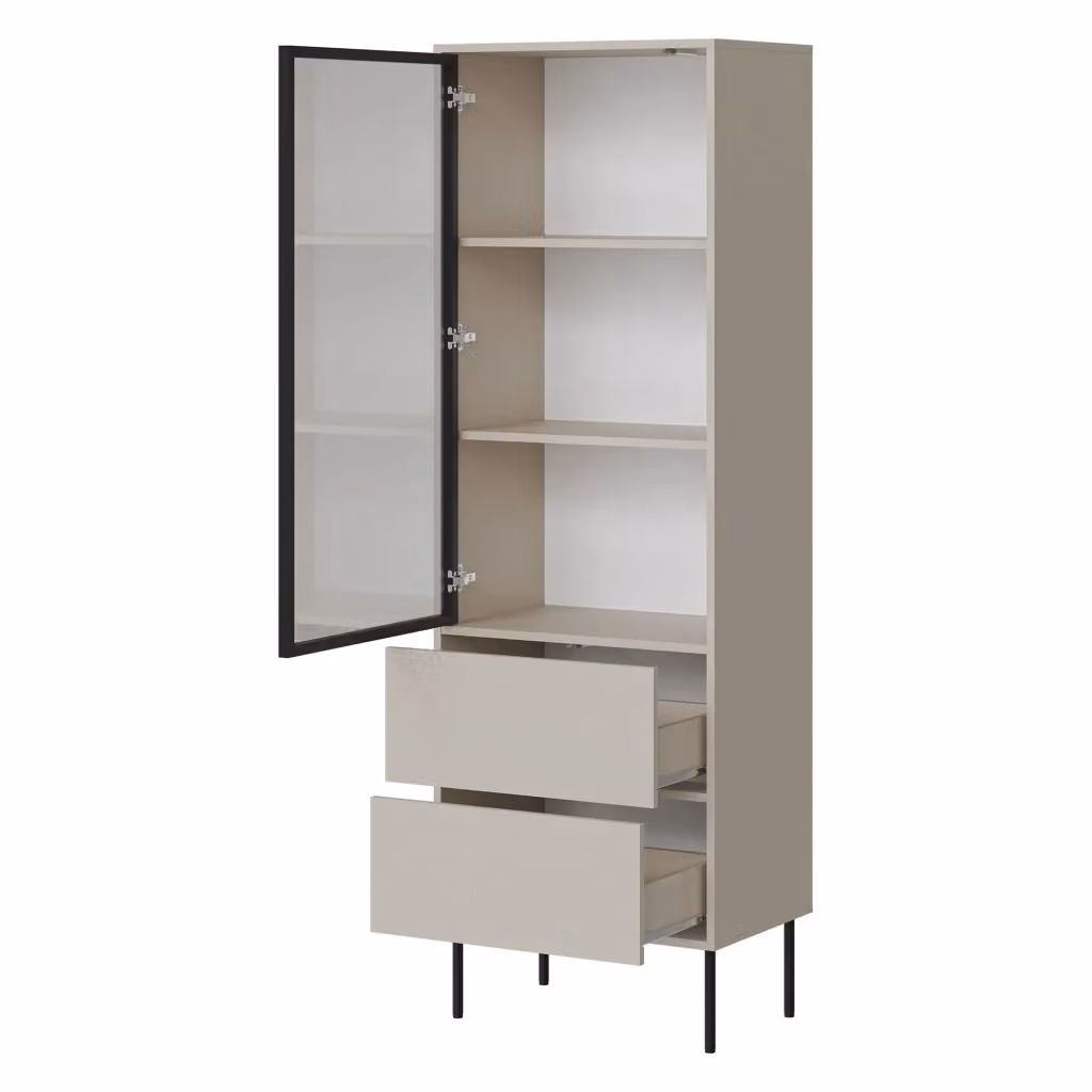 Vetrina Espositore DMORA con Ante in Vetro e Ripiani Interni, Beige e Nero, L 60 cm x P 40 cm x H 185 cm – 2