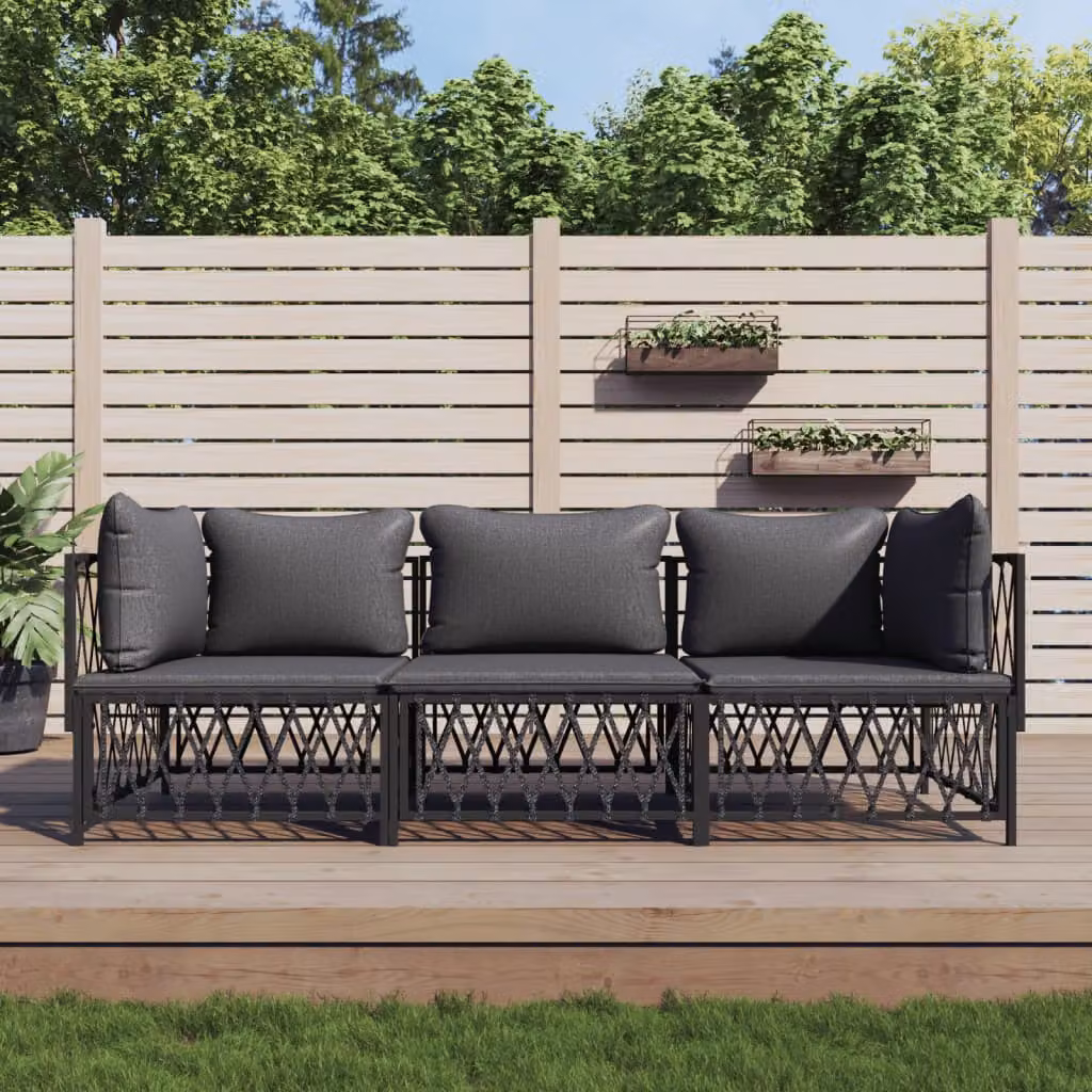 Set Salotto da Giardino vidaXL 3 pz a Forma a L in Acciaio Antracite con Cuscini in Textilene