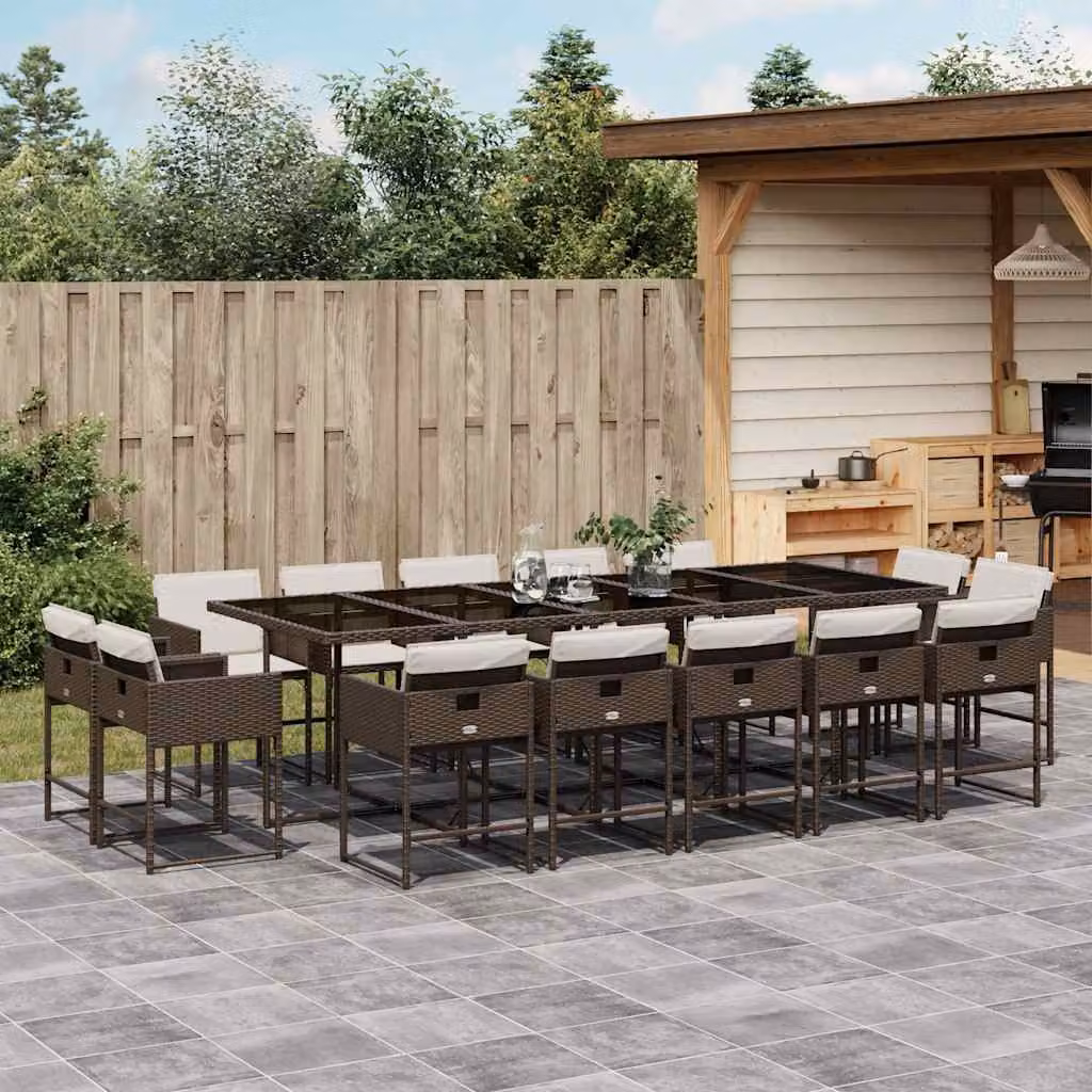 Set da Pranzo da Giardino vidaXL 15 pz in Polyrattan Marrone e Bianco con Piano in Vetro – 1