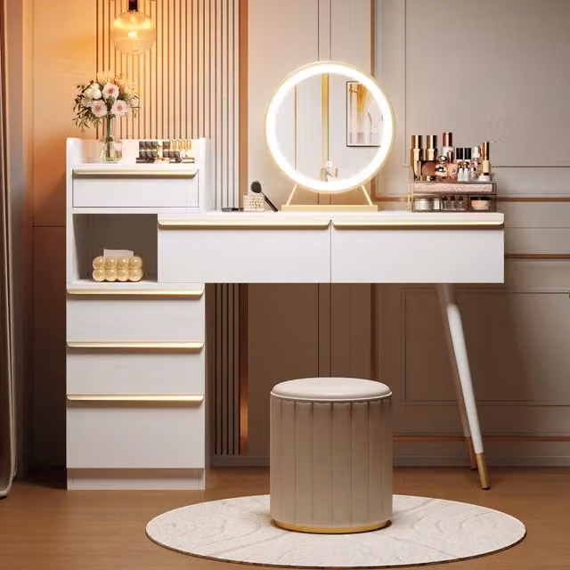 Toeletta 100x41.5x102 cm con specchio LED dimmerabile e 6 cassetti in truciolare bianco