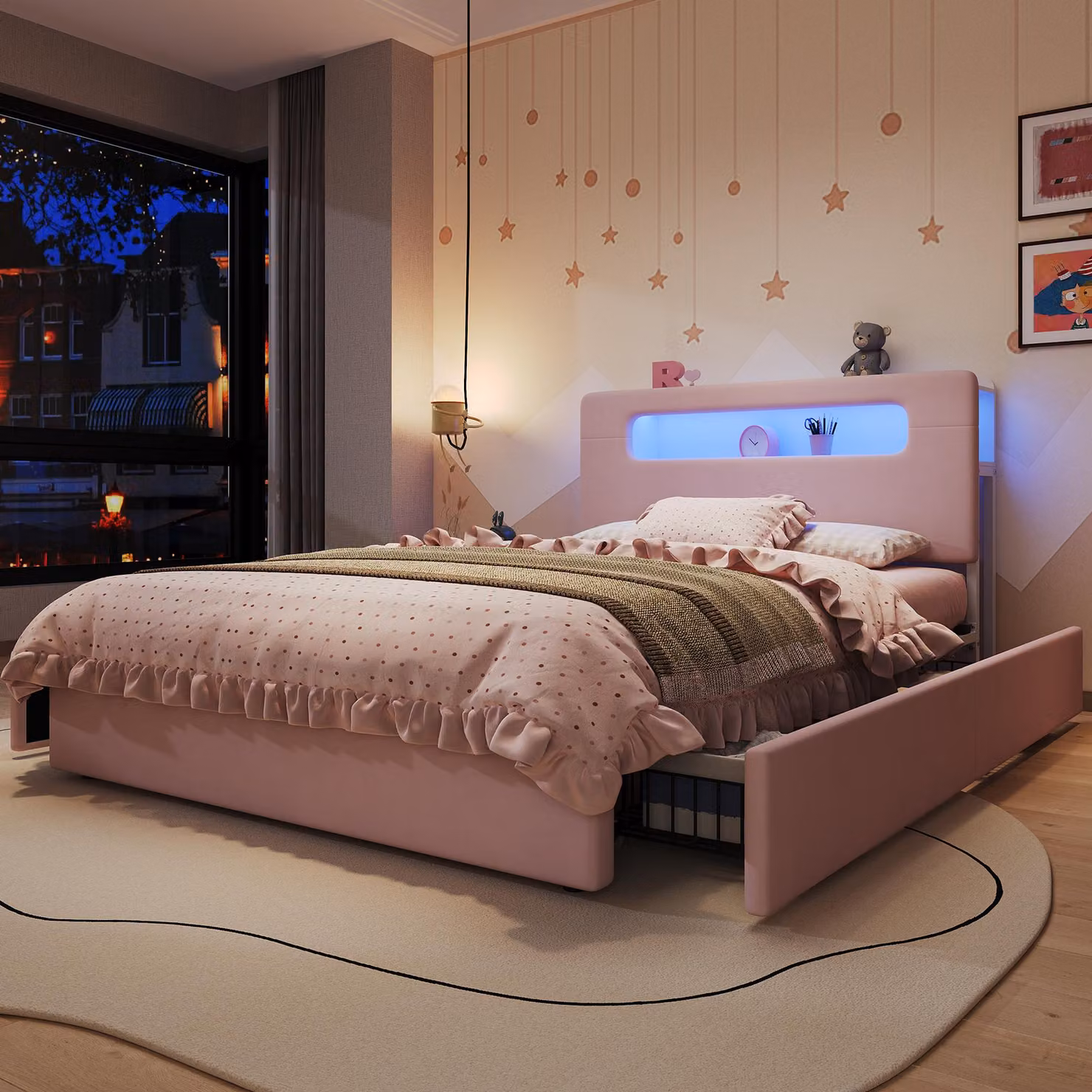Letto imbottito STILVORA, 140 x 200 cm, con 4 cassetti laterali. Letto per bambini con spazio contenitivo aperto nella testata. Letto per adolescenti con ripiani e illuminazione a LED