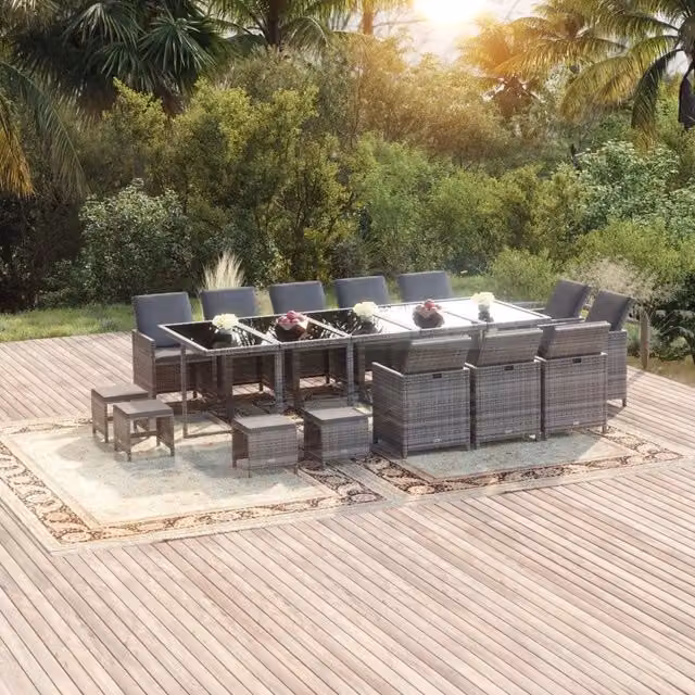 Set Pranzo da Giardino vidaXL in Polyrattan Grigio con 15 Pezzi e Cuscini – 1