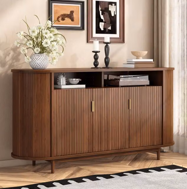 Sideboard moderno con 3 ante effetto legno, struttura in MDF e PB, piedi in pino, 140x40x78 cm, colore noce