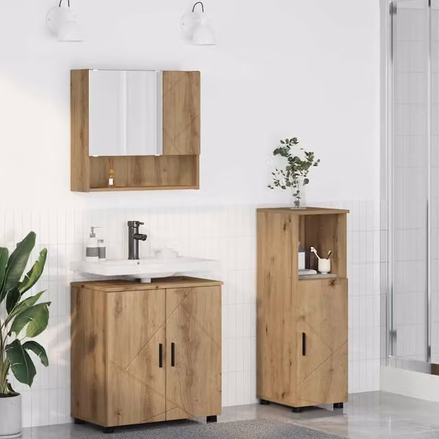 Set di mobili per il bagno moderno vidaXL in legno e metallo marrone composto da mobile lavabo, armadietto con specchio e colonna, montaggio a parete – 1