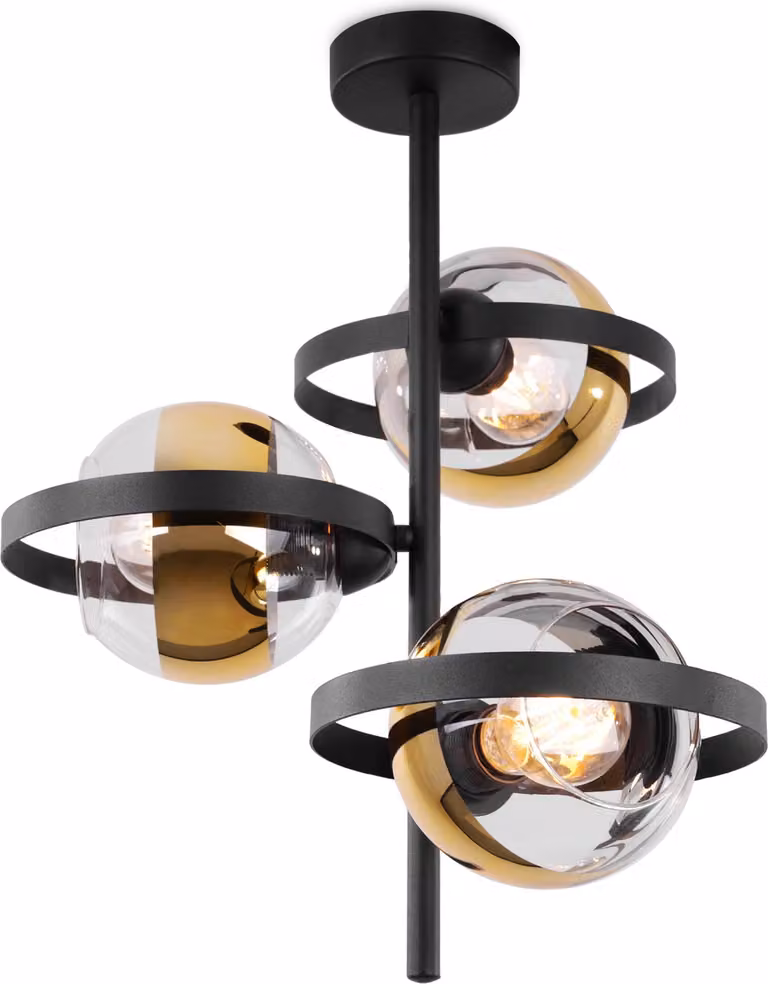 Lampada da soffitto Ronda nera a 3 luci con paralumi dorati E27