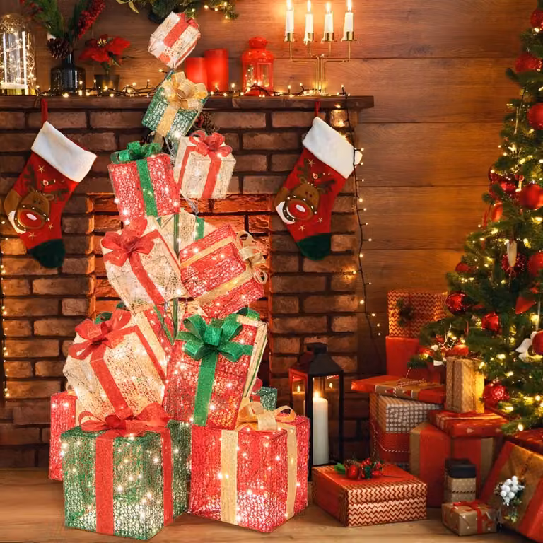 Torre di scatole regalo pre-illuminate Costway con 3 decorazioni natalizie rosse in plastica per uso da tavolo