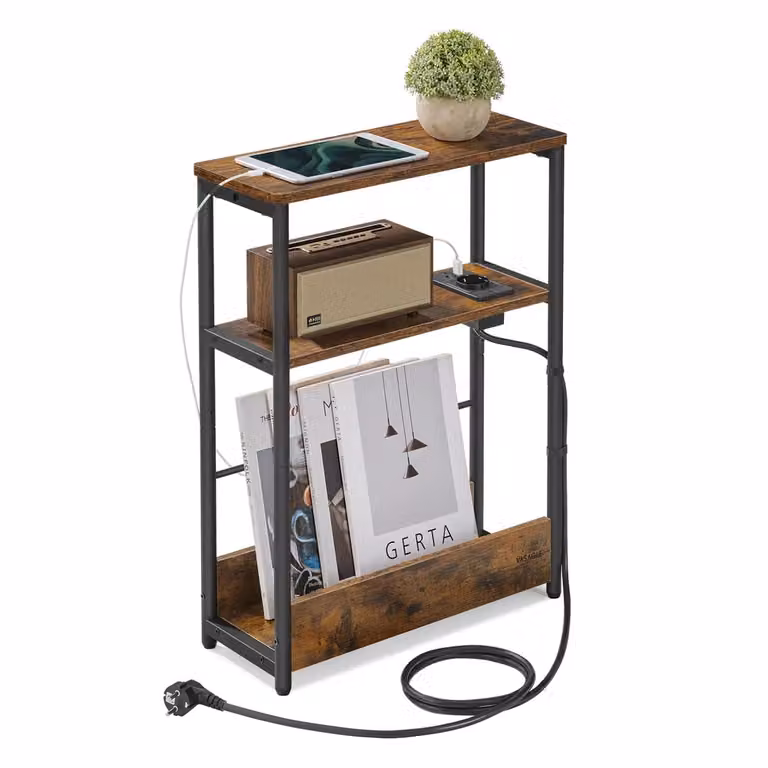 Tavolino con Multipresa, Marrone Vintage + Nero Inchiostro