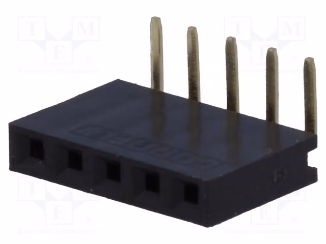 5 connettori femmina da 2,54 mm, tipo pin, angolazione di 90°, per montaggio su circuito stampato (THT). 1 file da 5 posizioni, modello DS1024-1*5RF1