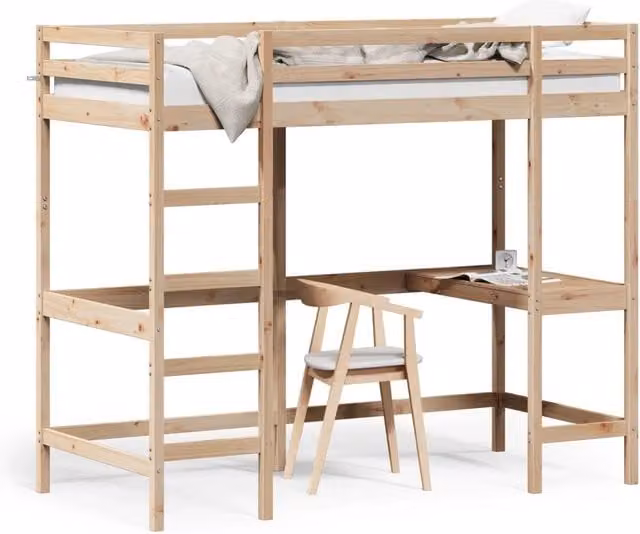 Letto singolo | Letto per adulti | Letto Soppalco con Scrivania 100x200 cm Legno Massello Pino