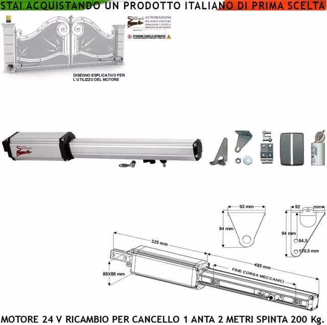Pistone Cancello Automatico 2 Metri Motore 24 Vcc Corsa 300 MM con Sblocco a Chiave Ricambio Automazione Originale Securvera con Finecorsa Meccanici Completo di Staffe Bulloni Ricambio Universale Misure 810X88X88 mm Normative Aggiornate CE