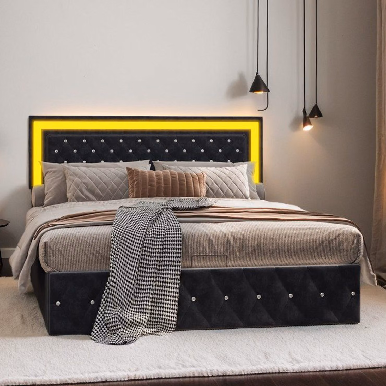 Letto imbottito Fortuna Lai 160x200cm letto matrimoniale contenitore con testata regolabile in altezza, con illuminazione LED e rete a doghe, velluto, nero