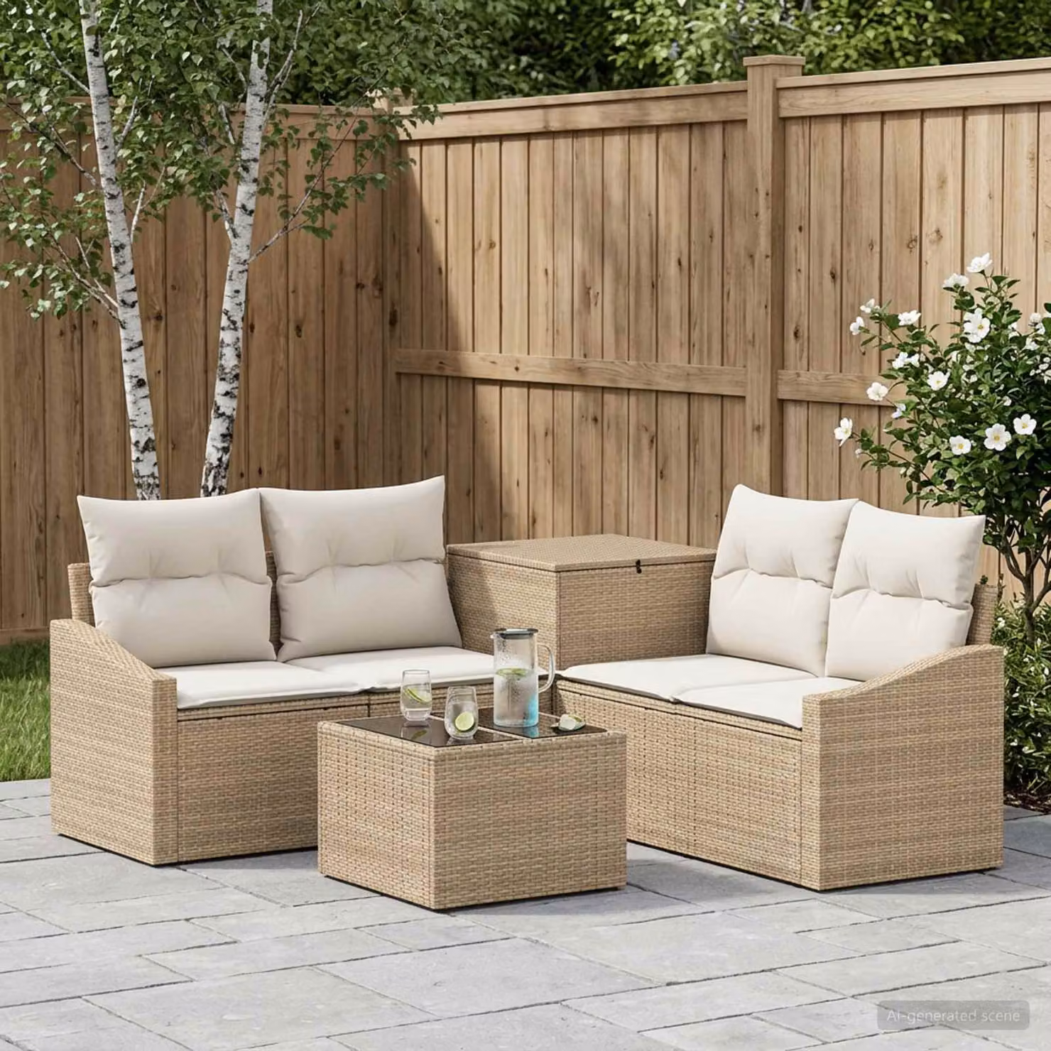 vidaXL Set di divani da giardino 6 pz in polyrattan beige e bianco crema con tavolino e cuscini
