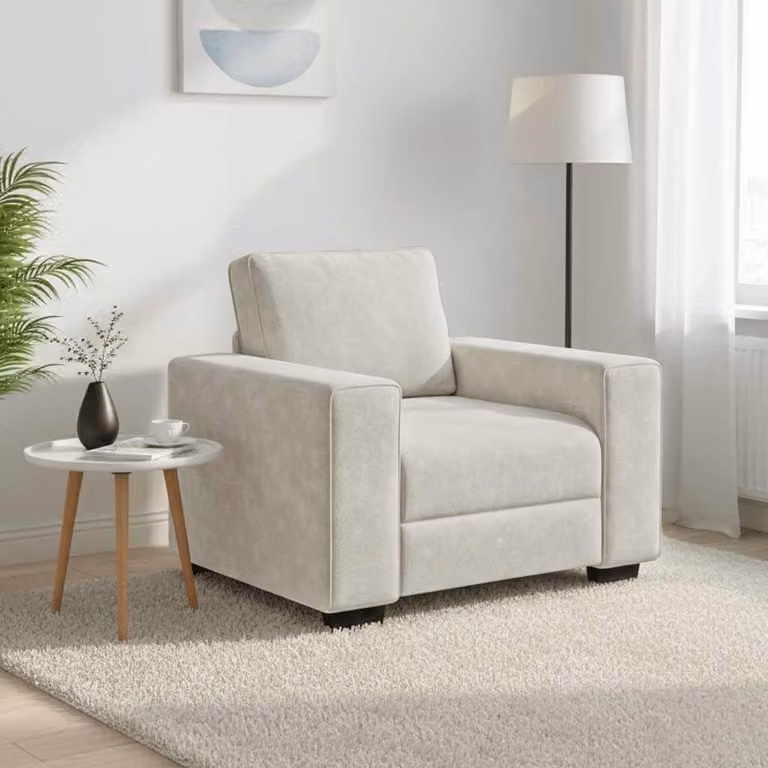 Poltrona in velluto color crema, dimensioni 100x77x82 cm, con struttura robusta in compensato, seduta imbottita e design confortevole, ideale per soggiorno e camera da letto