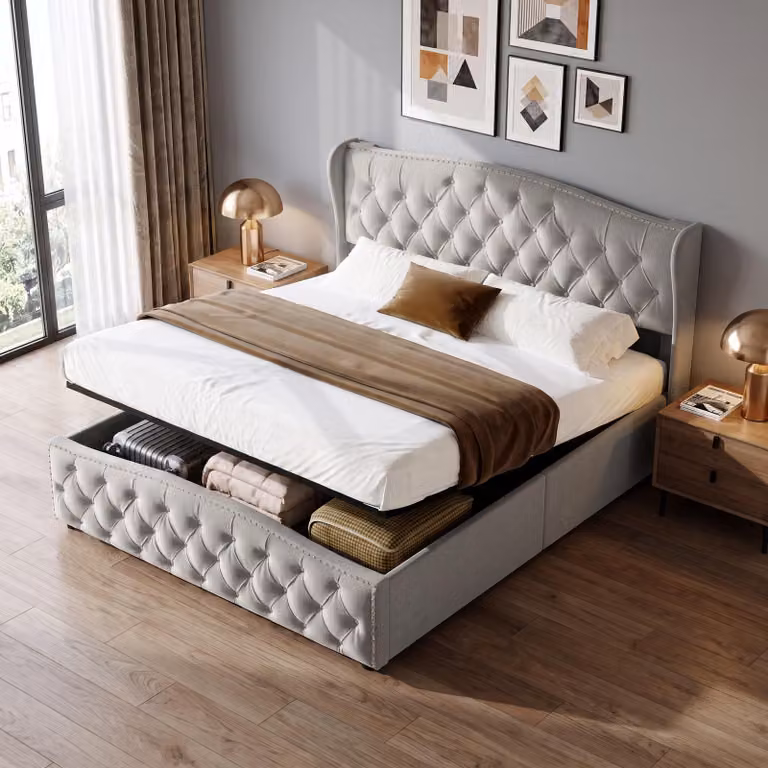 Letto imbottito INONEFT, 140x190 cm, con rete a listelli e testiera, imbottitura con borchie, letto a molle con spazio contenitore, in velluto, colore grigio