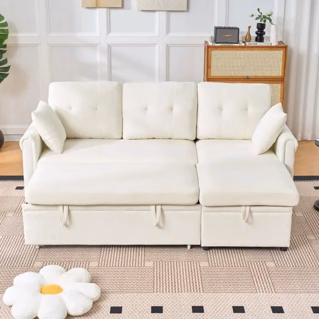 Divano angolare letto contenitore ¨C Minimal ¨C Beige in tessuto chenille montaggio reversibile
