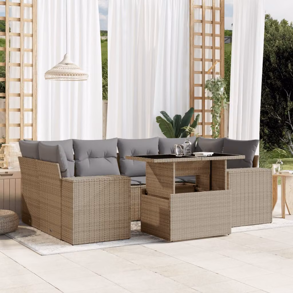 Set di divani da giardino vidaXL in rattan e metallo con cuscini beige per 7 persone – 1