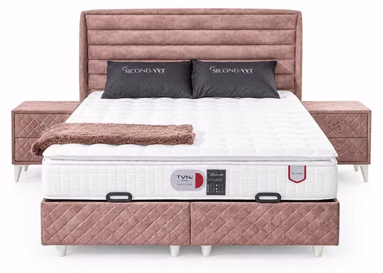 Set per camera da letto rosa, composto da letto e due comodini, imbottito, in tessuto, design moderno