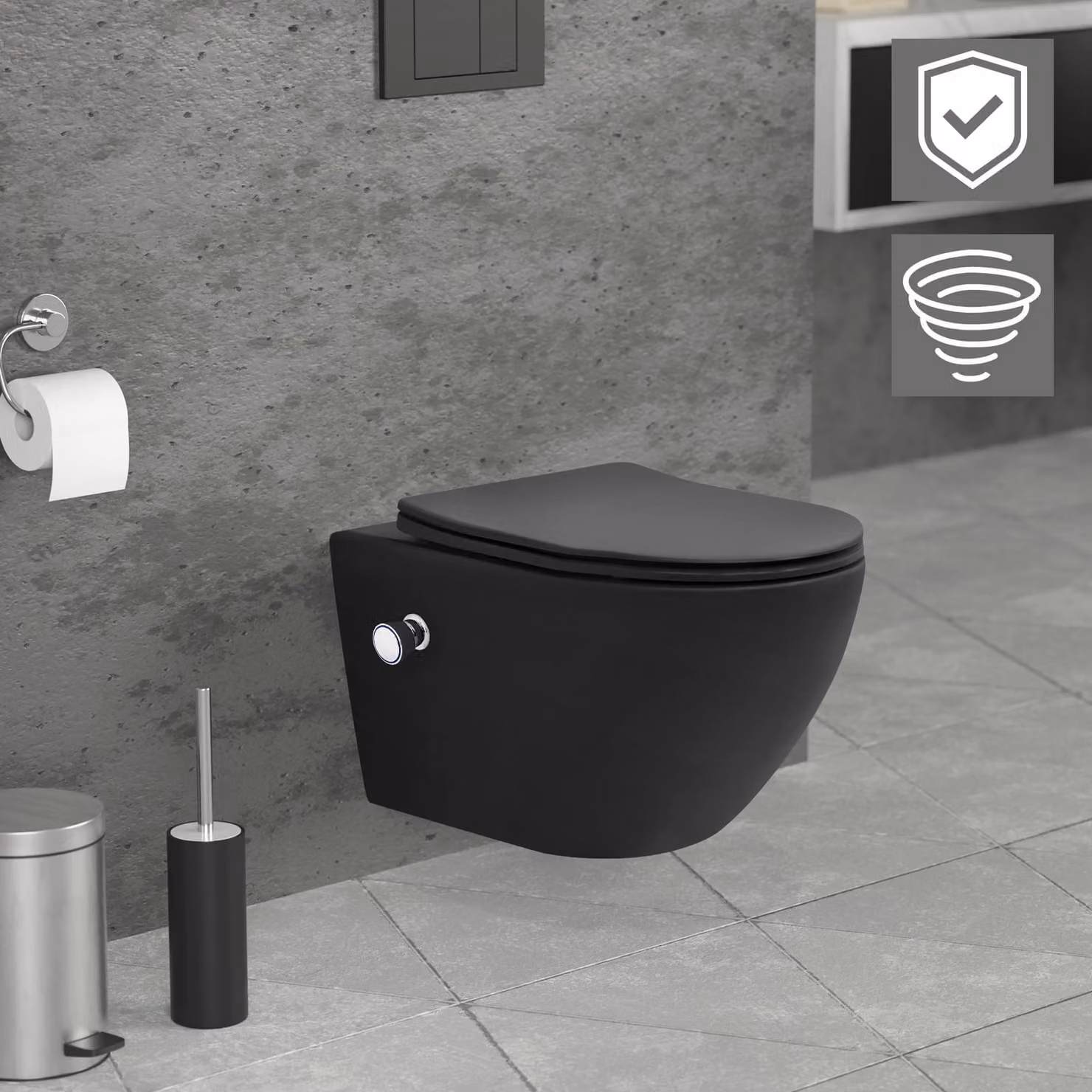 LuxeBath WC sospeso senza bordo con funzione bidet, nero, lungo, risciacquo tornado, con nano rivestimento