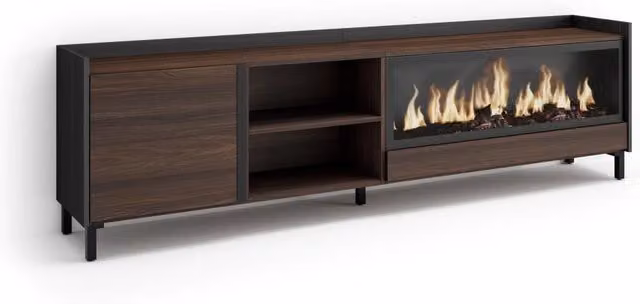 Mobile TV Soggiorno, 212x61x35 cm, Per TV fino a 80", Camino elettrico XXL, Design industriale, Rovere scuro e Nero