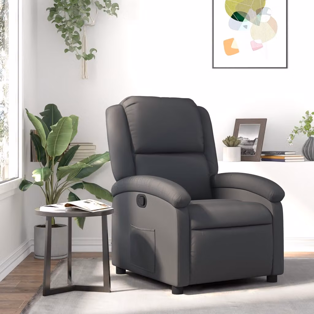 vidaXL Poltrona reclinabile relax in vera pelle grigia con braccioli e struttura in legno e metallo