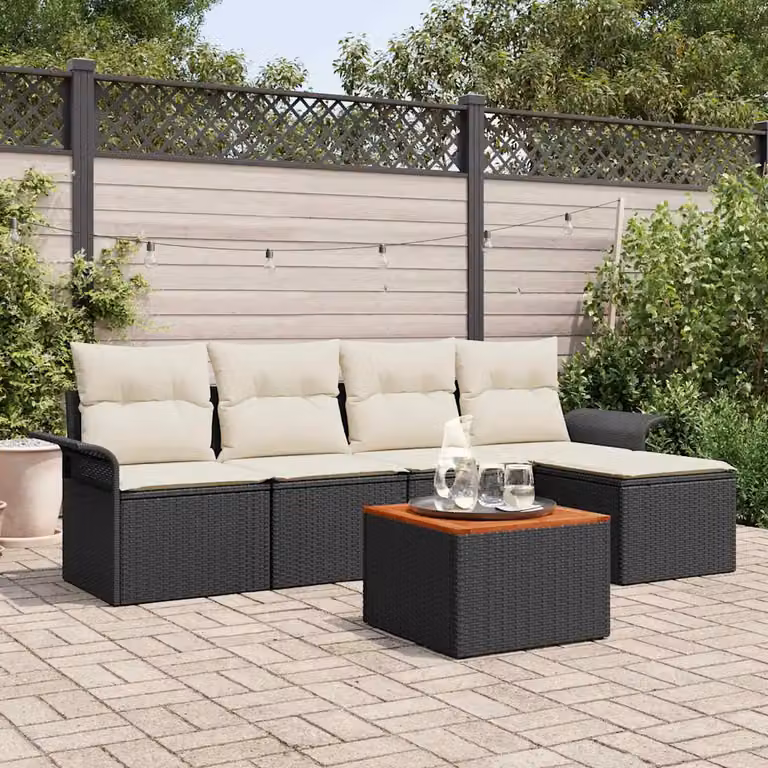 Set Divano da Giardino a L vidaXL in Polyrattan Nero e Beige con Tavolino e Ottoman 6 Pezzi