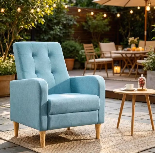 Poltrona Relax in Lino con Struttura in Legno Massello 68x90,5x73,5 cm, Portata 150 kg