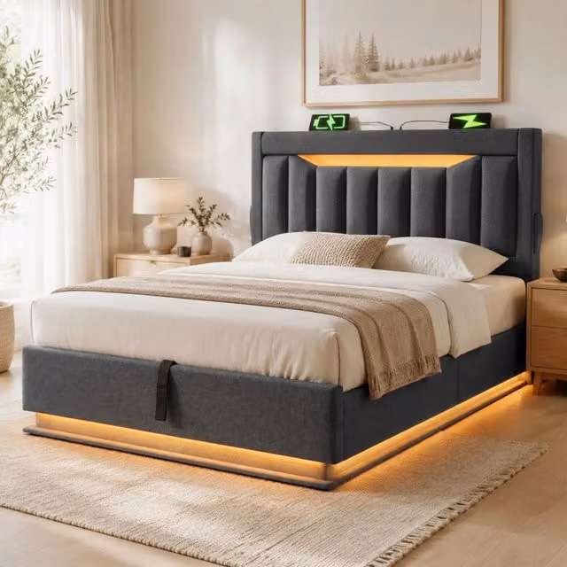 Letto singolo imbottito 90x200 cm con testiera contenitore, USB e Type-C, illuminazione LED, spazio contenitivo idraulico, grigio lino (senza materasso)
