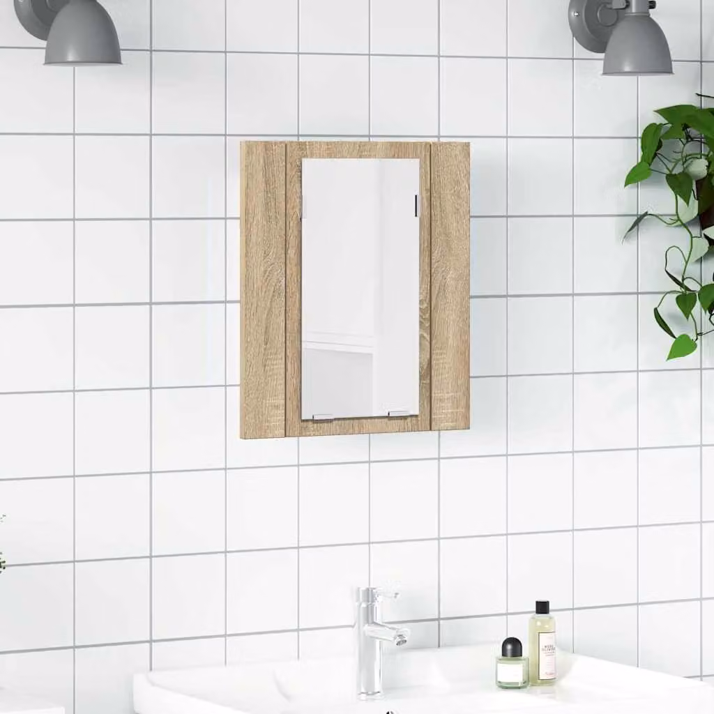 Armadietto a specchio con luci LED vidaXL in Rovere Sonoma per bagno, L: 45 cm, H: 76 cm, P: 12 cm