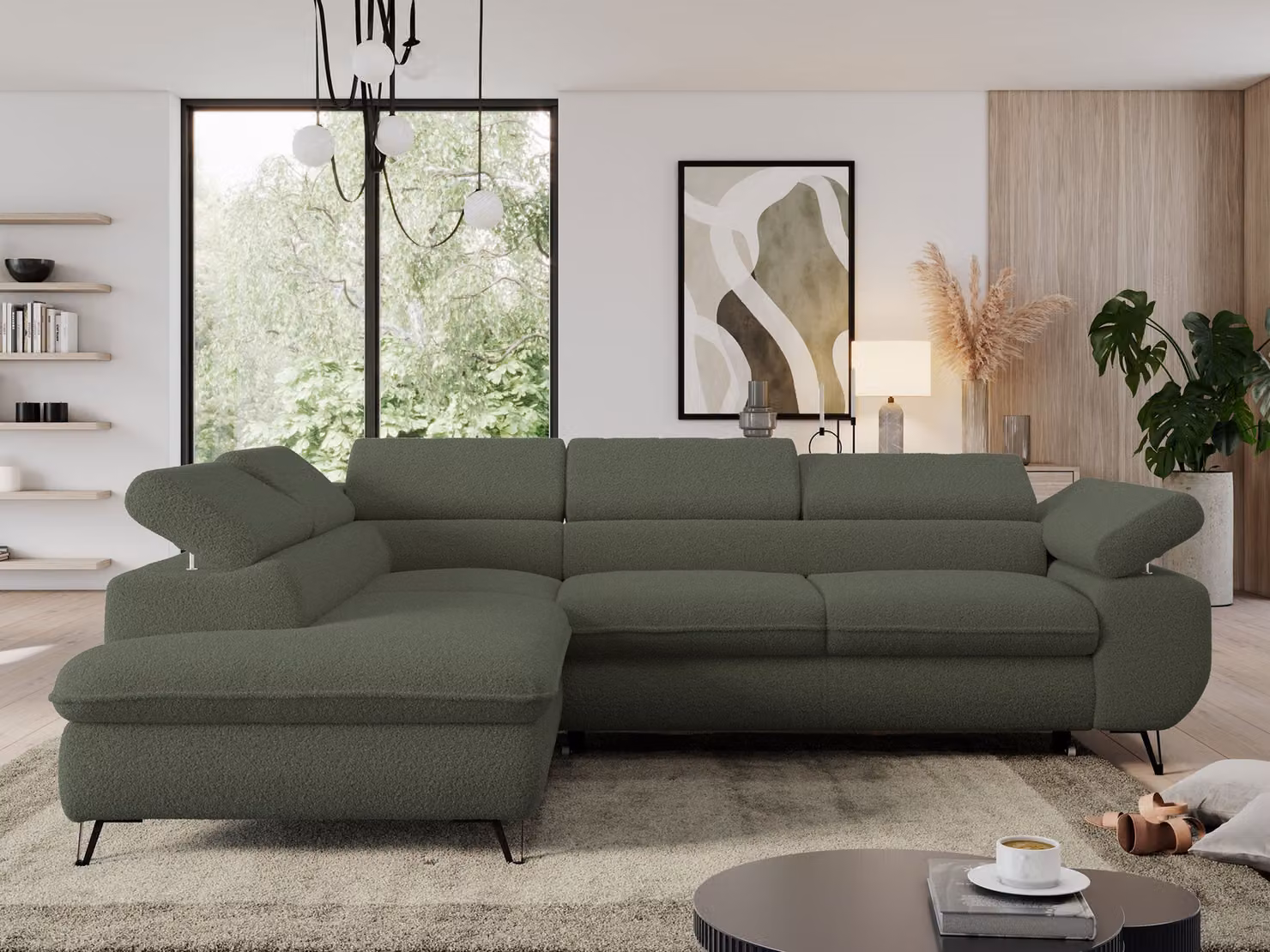 Divano con funzione letto, divano angolare a L, divano da salotto, con poggiatesta regolabili - PEDRO L - Boucle - Verde - Sinistra