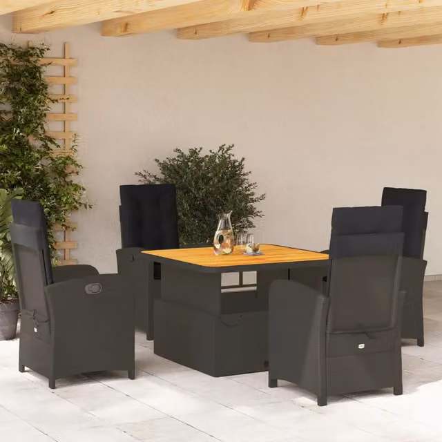 Set da Pranzo da Giardino 5 pz Nero con Cuscini in Polyrattan 3277329