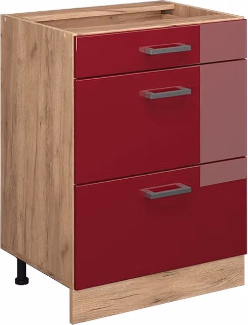 Mobiletto base per cucina Vicco R-Line Rosso lucido e Rovere dorato con cassetti, senza piano di lavoro, L: 60 cm