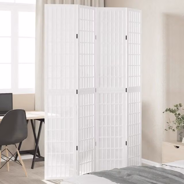 Divisorio Ambienti Paravento a 4 Pannelli in Legno Massello di Paulownia Bianco con Design Geometrico L 220 cm x H 145 cm