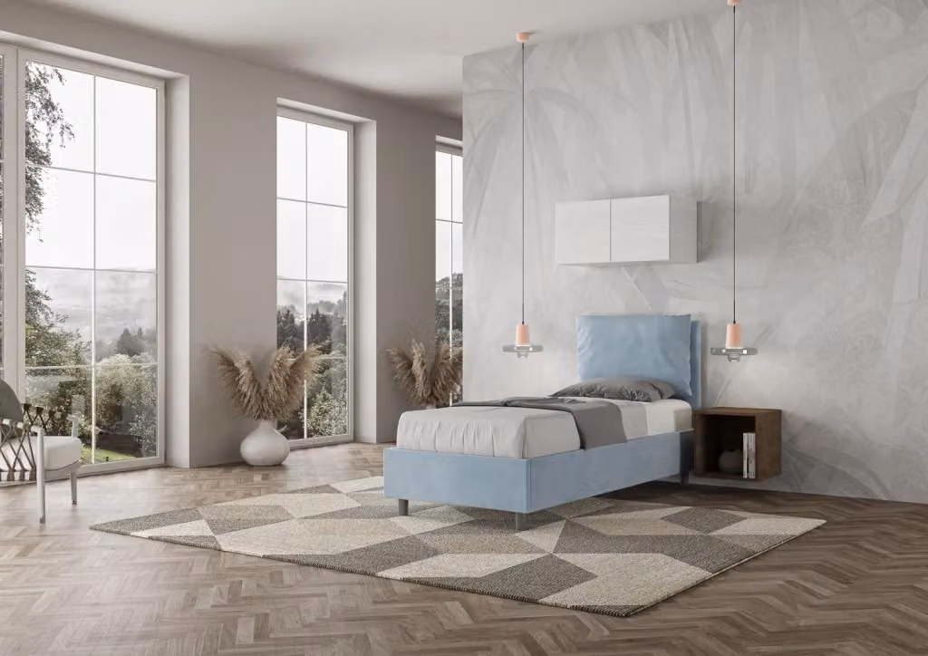 BS COM Letto singolo con contenitore imbottito in microfibra azzurro L/P/H: 90 x 200 x 105 cm – 2