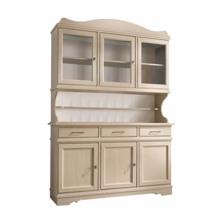 Cristalliera shabby chic in legno massello di Mobili 2G con 6 ante e 3 cassetti, colore avorio opaco, L: 155 cm, P: 52 cm, H: 213 cm