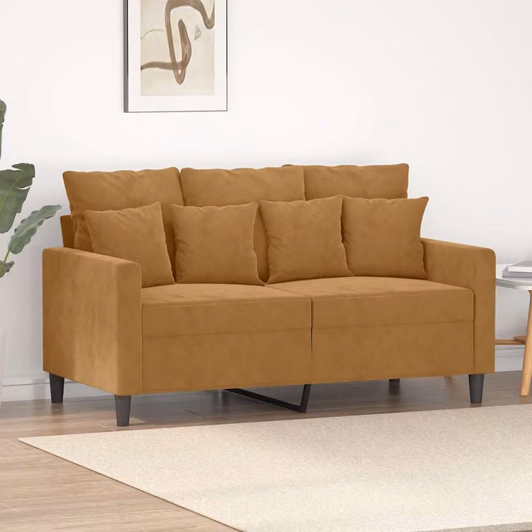 Divano a 2 posti moderno vidaXL in velluto marrone con struttura in metallo e cuscini inclusi L: 138 cm, P: 80 cm, H: 77 cm