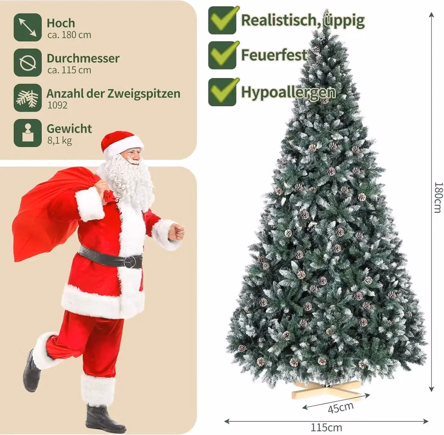 Albero di Natale artificiale - Abete canadese - Altezza 150 cm - Denso e voluminoso - PVC/PE - Innevato - Verde con pigne e neve