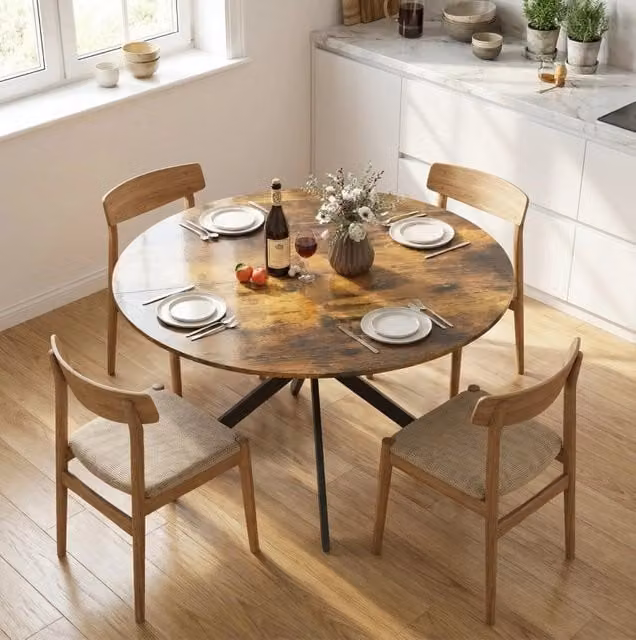 Tavolo da pranzo rotondo industriale da 120 cm per 4 persone, marrone rustico