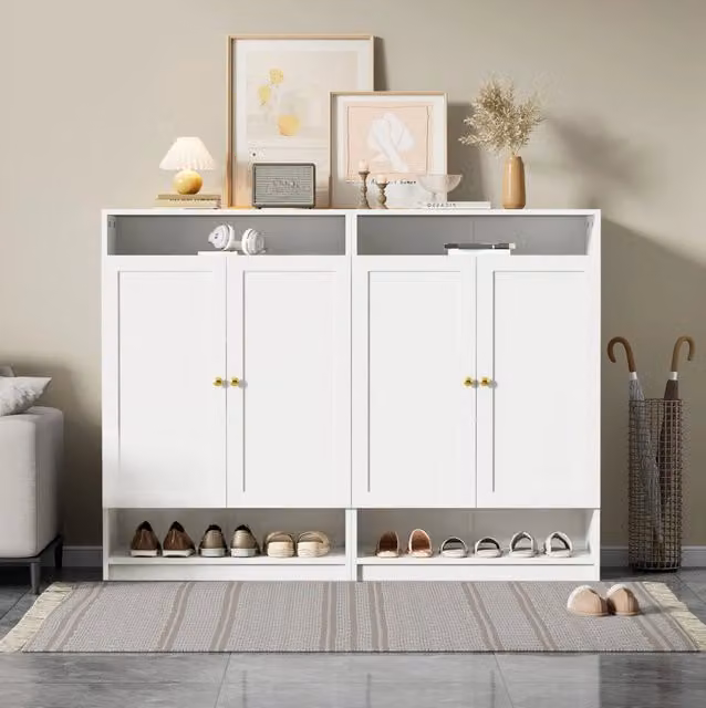 Scarpiera moderna bianca con ante a battente e ripiani interni, ideale per l'ingresso, L: 109 cm, H: 109 cm, P: 34 cm