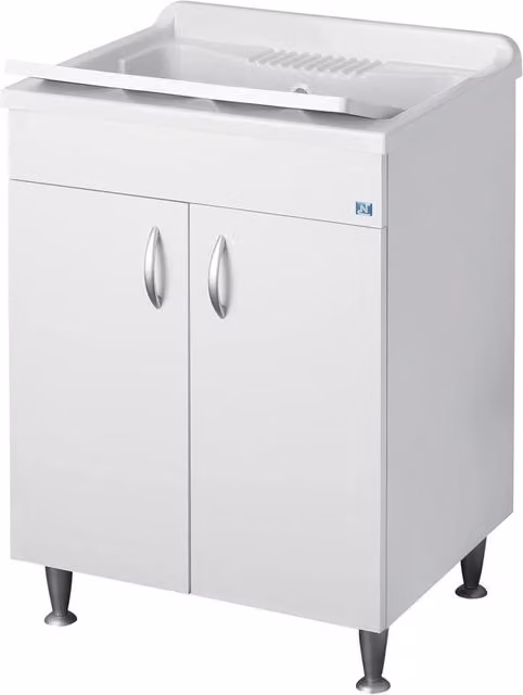 Negrari Eco Lavatoio Bianco Misura 60x50 L60 P50 H85CM Lavapanni Interno Bagno Lavanderia Base Mobile Nobilitato Idrofugo Legno Lavabo Plastica Asse Piedini Ante Battenti Economico Qualità Medio Alta