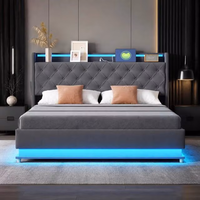 Letto imbottito Mivray con contenitore idraulico, illuminazione LED multicolore e porta USB, rivestito in tessuto di lino grigio, L/P: 160 x 200 cm