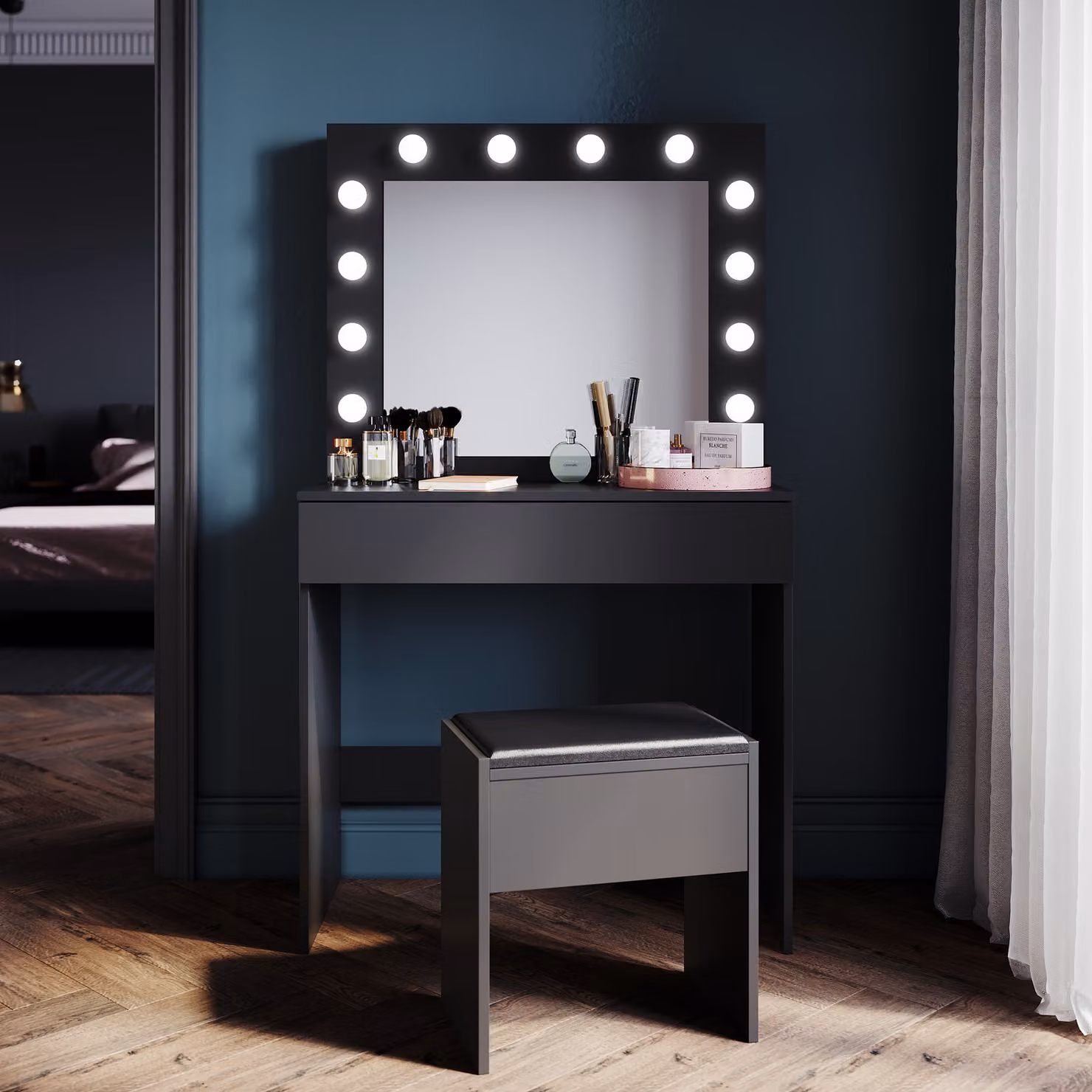 SONNI tavolo da toilette nero 80x40x140cm Tavolo da toilette a luce LED con luminosità regolabile con specchio e cassetto